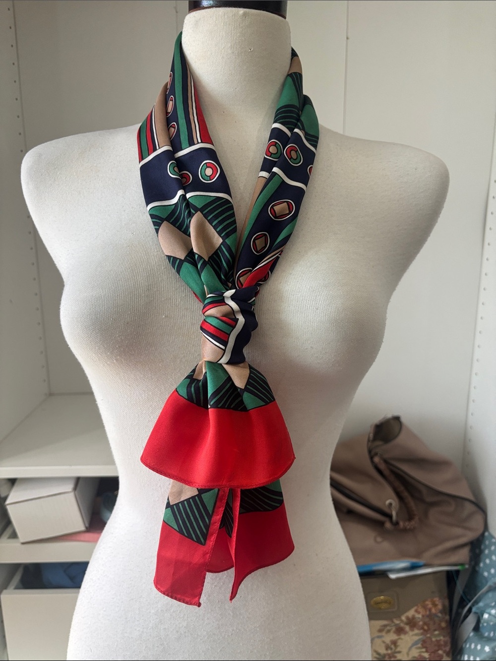 Silk-Feel Patterned Neck Scarf in Red, Green, Navy